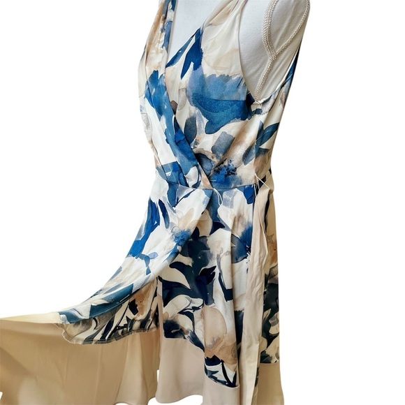 DKNY Long Sleeveless Cream Tan & Navy Blue Floral Dress Faux Wrap Size 8 NWT - Picture 9 of 16